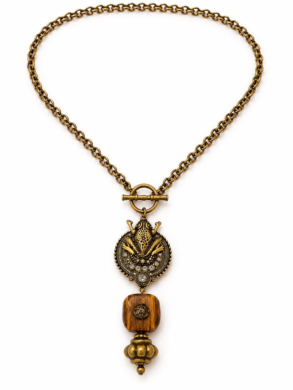 Boho Frog Pendant Statement Necklace | Antique Gold Tone Layered Chain Necklace